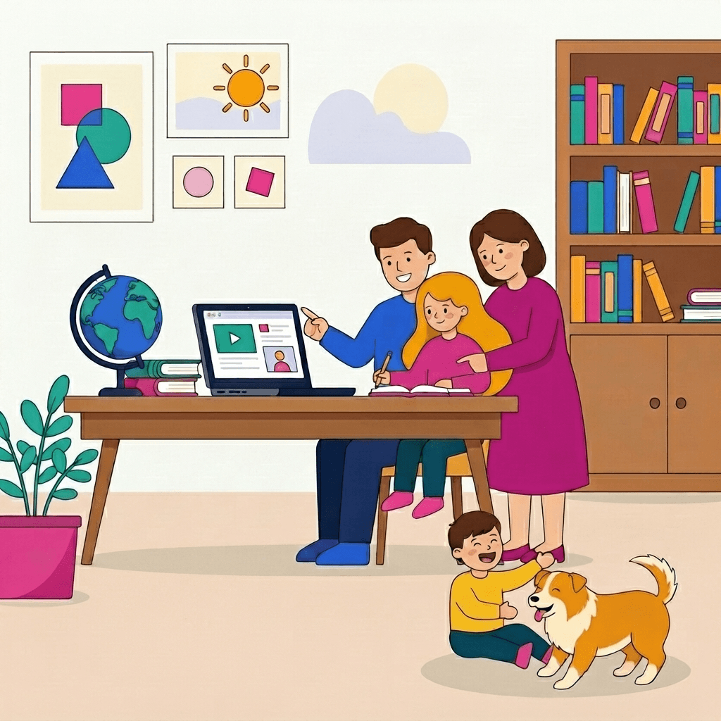 A family learning together at home — parents guiding a student at a laptop while a younger sibling plays nearby